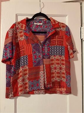 Rose + Olive Vibrant Boho Patchwork Cropped Button Up Top L